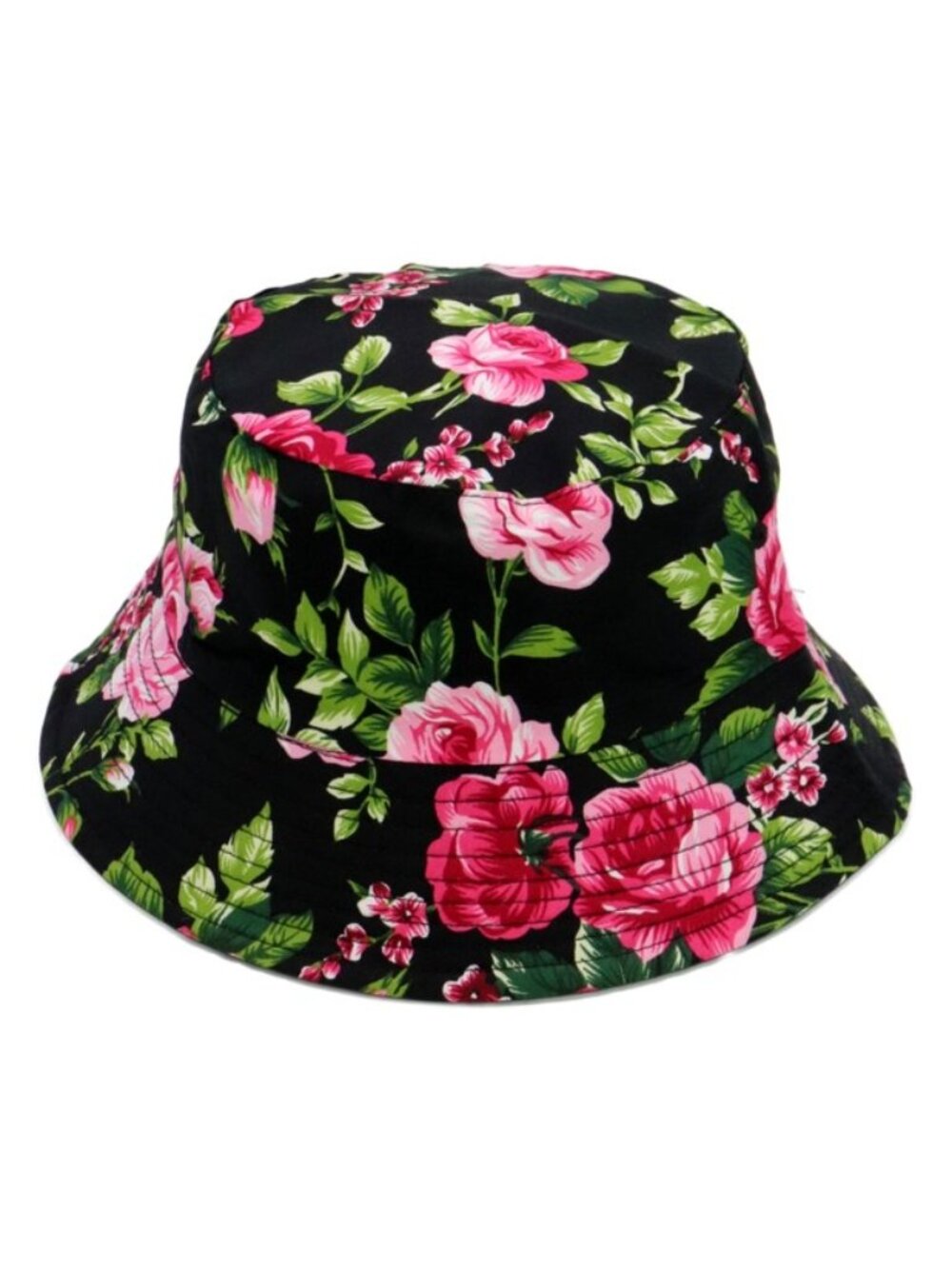 Hat Peony Floral Print BLACK Pink Flowers Bucket Hat